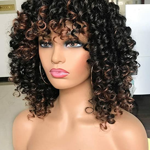 Afro curly Wigs Black with Warm Brown Highlights - Picture 2 of 5